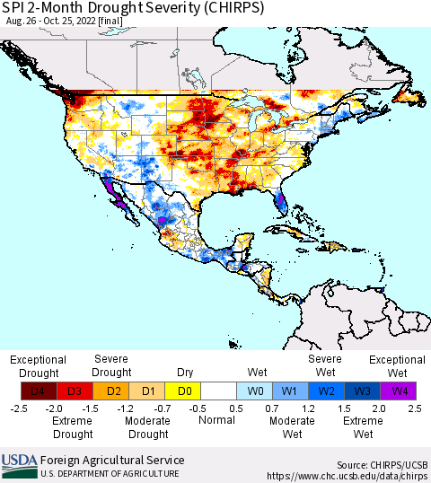 North America SPI 2-Month Drought Severity (CHIRPS) Thematic Map For 8/26/2022 - 10/25/2022