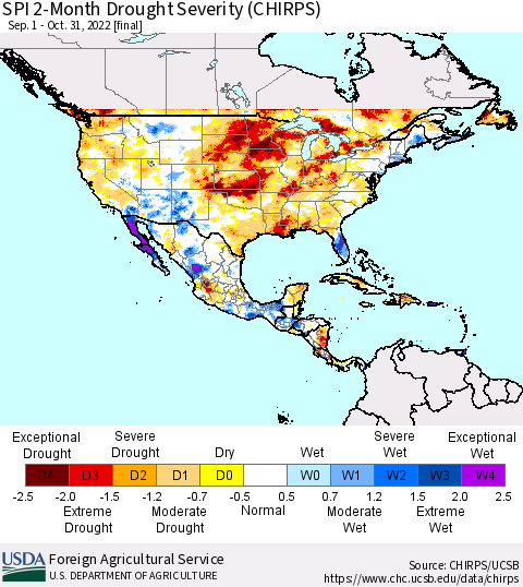 North America SPI 2-Month Drought Severity (CHIRPS) Thematic Map For 9/1/2022 - 10/31/2022