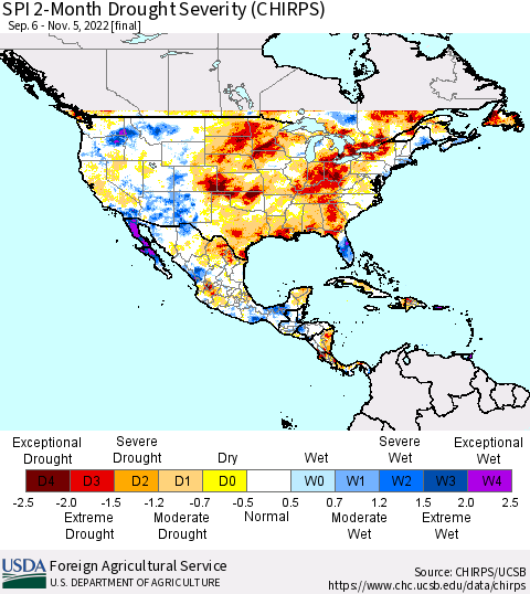 North America SPI 2-Month Drought Severity (CHIRPS) Thematic Map For 9/6/2022 - 11/5/2022
