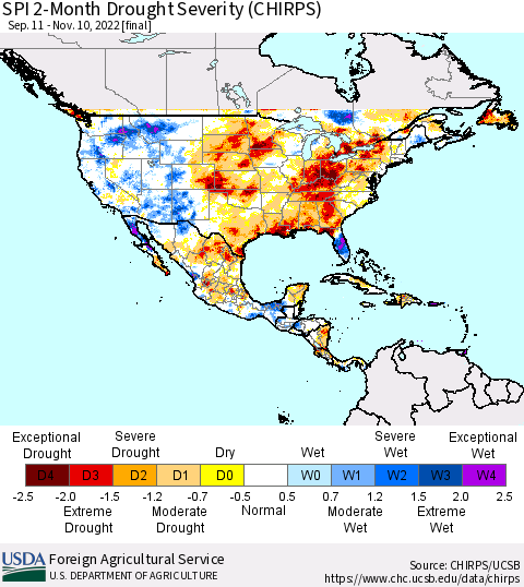 North America SPI 2-Month Drought Severity (CHIRPS) Thematic Map For 9/11/2022 - 11/10/2022