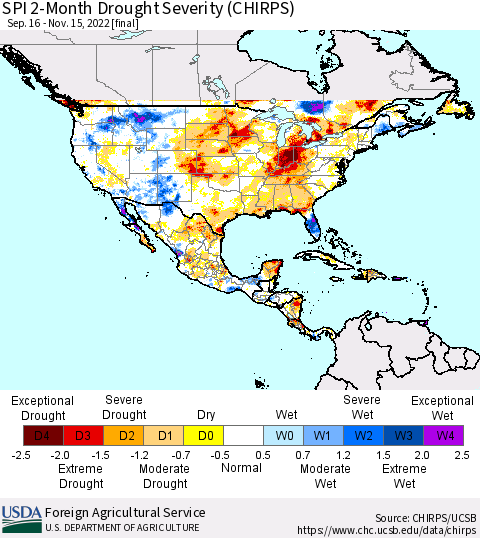 North America SPI 2-Month Drought Severity (CHIRPS) Thematic Map For 9/16/2022 - 11/15/2022