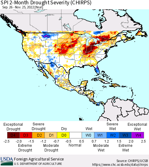 North America SPI 2-Month Drought Severity (CHIRPS) Thematic Map For 9/26/2022 - 11/25/2022