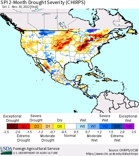 North America SPI 2-Month Drought Severity (CHIRPS) Thematic Map For 10/1/2022 - 11/30/2022