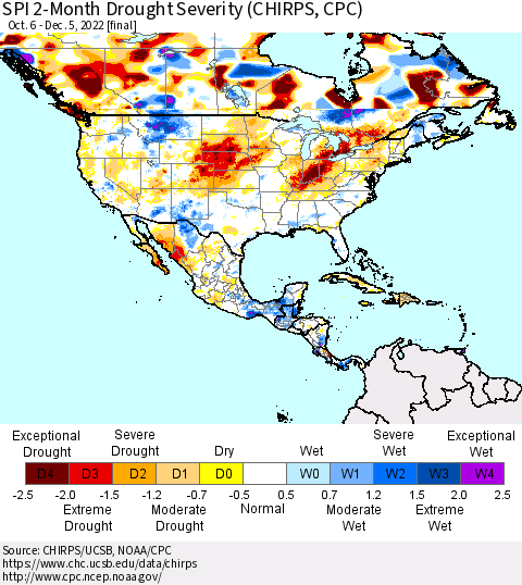 North America SPI 2-Month Drought Severity (CHIRPS) Thematic Map For 10/6/2022 - 12/5/2022