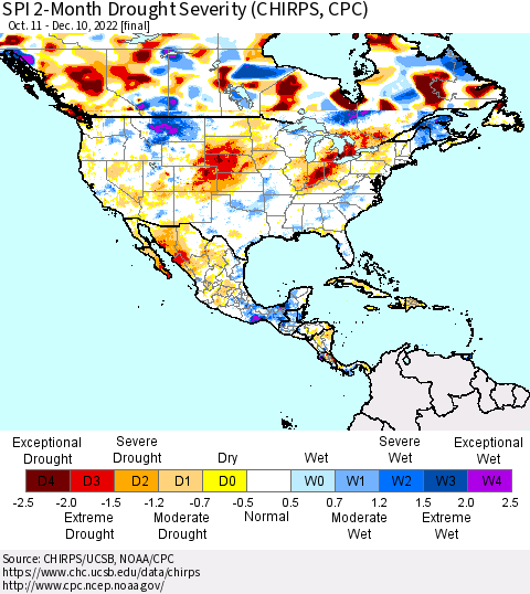 North America SPI 2-Month Drought Severity (CHIRPS) Thematic Map For 10/11/2022 - 12/10/2022