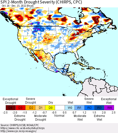 North America SPI 2-Month Drought Severity (CHIRPS) Thematic Map For 10/16/2022 - 12/15/2022