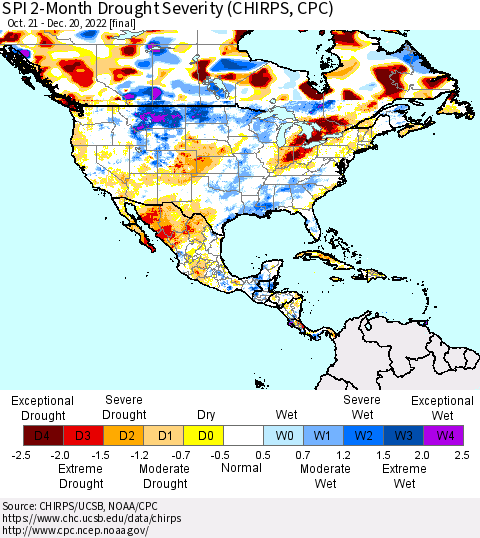 North America SPI 2-Month Drought Severity (CHIRPS) Thematic Map For 10/21/2022 - 12/20/2022