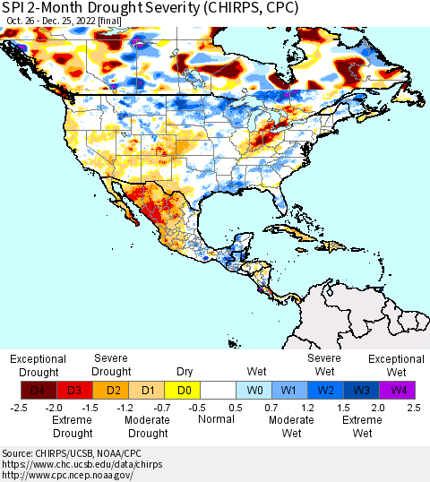 North America SPI 2-Month Drought Severity (CHIRPS) Thematic Map For 10/26/2022 - 12/25/2022