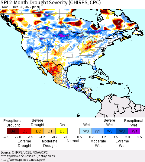 North America SPI 2-Month Drought Severity (CHIRPS) Thematic Map For 11/1/2022 - 12/31/2022