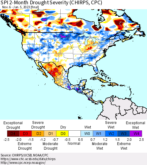 North America SPI 2-Month Drought Severity (CHIRPS) Thematic Map For 11/6/2022 - 1/5/2023