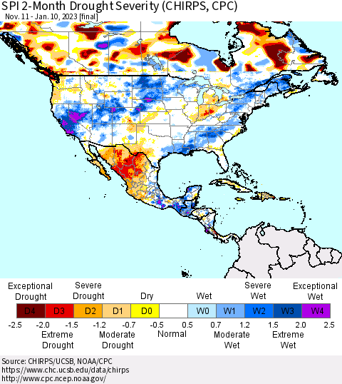 North America SPI 2-Month Drought Severity (CHIRPS) Thematic Map For 11/11/2022 - 1/10/2023