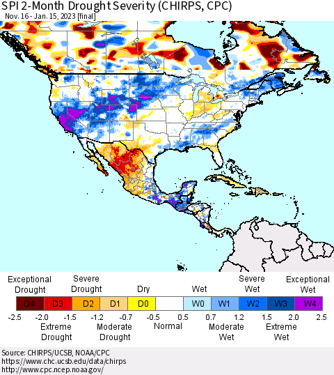 North America SPI 2-Month Drought Severity (CHIRPS) Thematic Map For 11/16/2022 - 1/15/2023