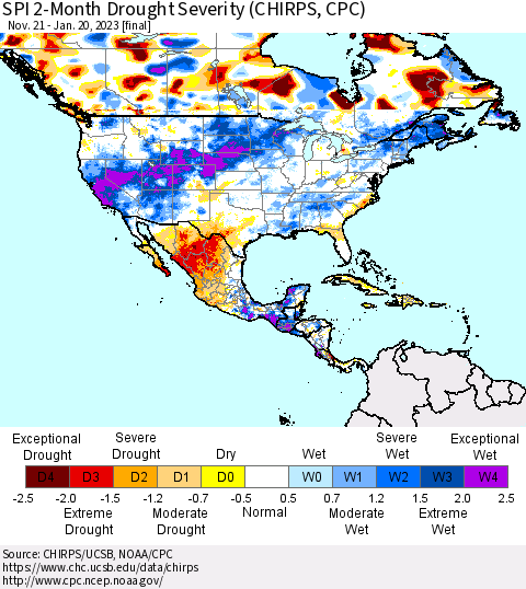 North America SPI 2-Month Drought Severity (CHIRPS) Thematic Map For 11/21/2022 - 1/20/2023