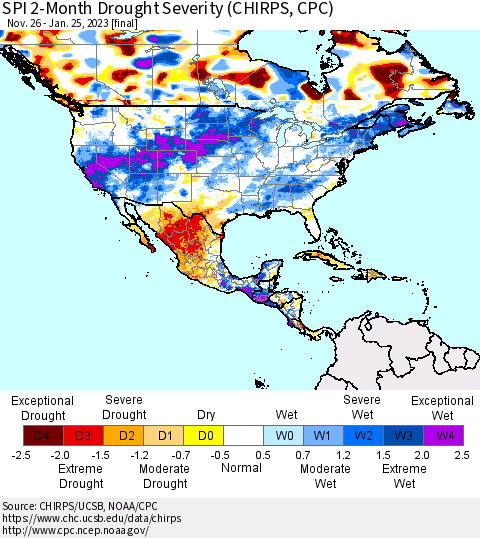 North America SPI 2-Month Drought Severity (CHIRPS) Thematic Map For 11/26/2022 - 1/25/2023