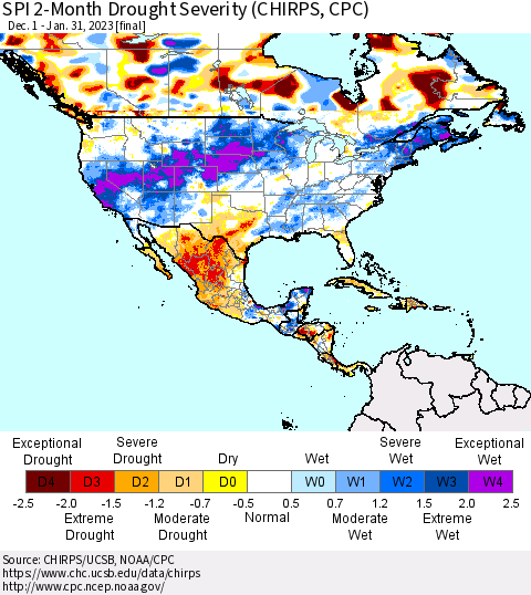 North America SPI 2-Month Drought Severity (CHIRPS) Thematic Map For 12/1/2022 - 1/31/2023