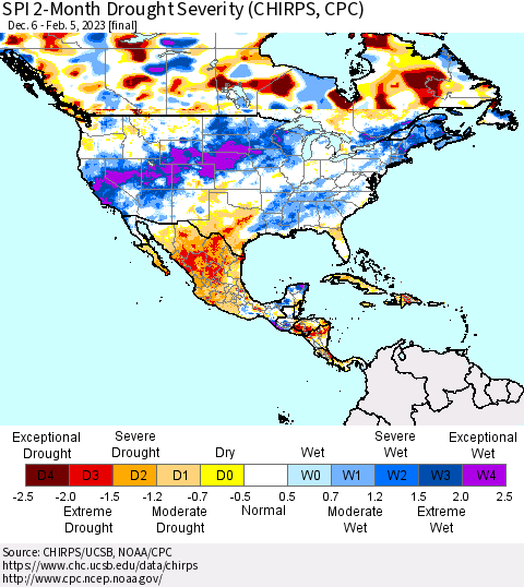 North America SPI 2-Month Drought Severity (CHIRPS) Thematic Map For 12/6/2022 - 2/5/2023