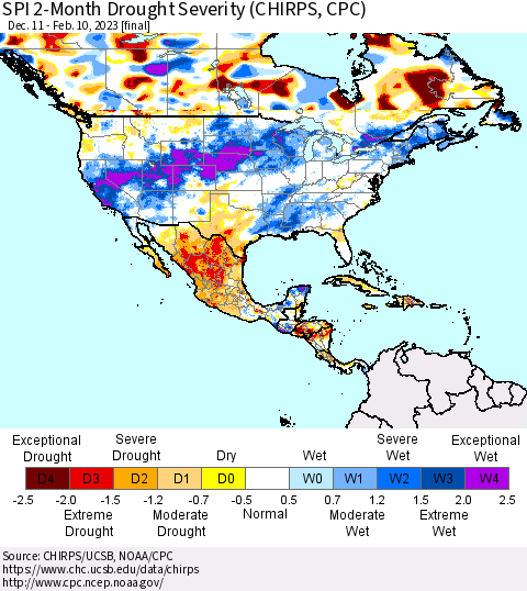 North America SPI 2-Month Drought Severity (CHIRPS) Thematic Map For 12/11/2022 - 2/10/2023