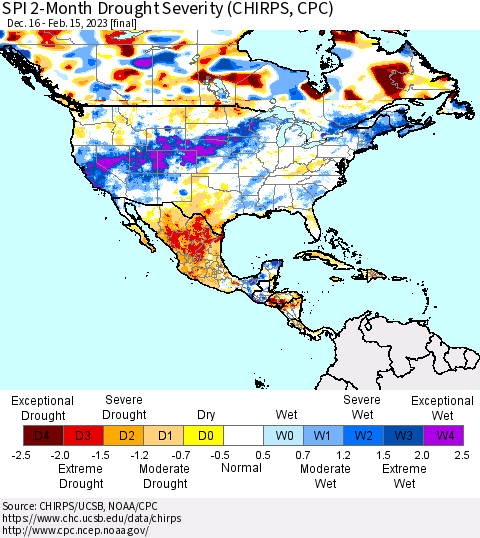 North America SPI 2-Month Drought Severity (CHIRPS) Thematic Map For 12/16/2022 - 2/15/2023
