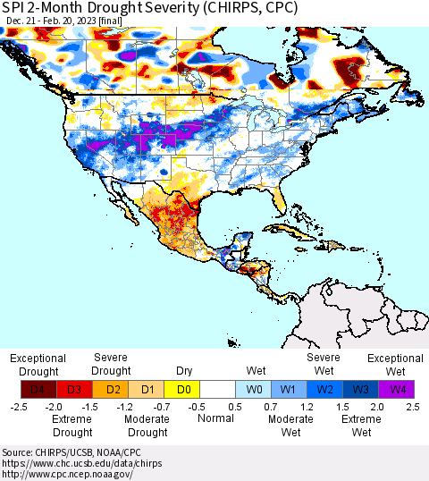 North America SPI 2-Month Drought Severity (CHIRPS) Thematic Map For 12/21/2022 - 2/20/2023