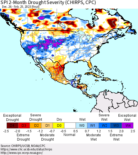 North America SPI 2-Month Drought Severity (CHIRPS) Thematic Map For 12/26/2022 - 2/25/2023
