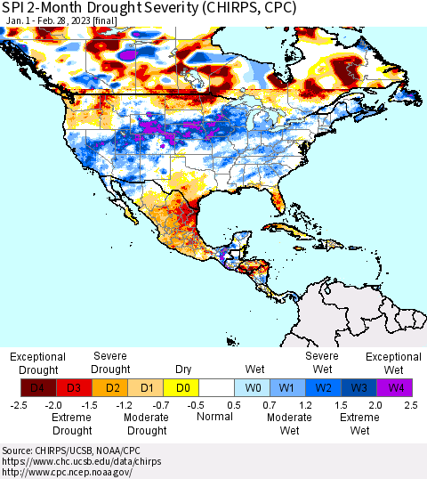 North America SPI 2-Month Drought Severity (CHIRPS) Thematic Map For 1/1/2023 - 2/28/2023