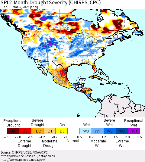 North America SPI 2-Month Drought Severity (CHIRPS) Thematic Map For 1/6/2023 - 3/5/2023