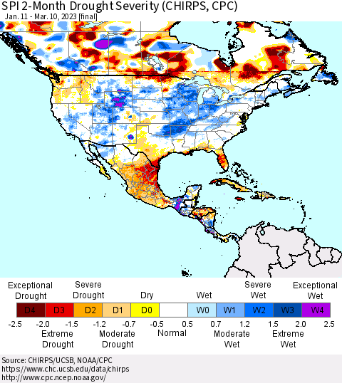 North America SPI 2-Month Drought Severity (CHIRPS) Thematic Map For 1/11/2023 - 3/10/2023