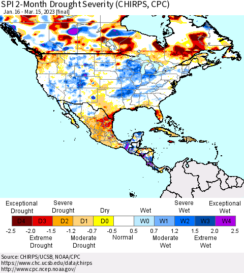 North America SPI 2-Month Drought Severity (CHIRPS) Thematic Map For 1/16/2023 - 3/15/2023