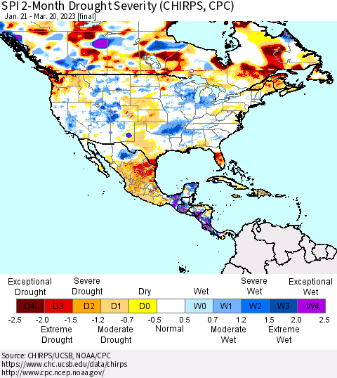 North America SPI 2-Month Drought Severity (CHIRPS) Thematic Map For 1/21/2023 - 3/20/2023