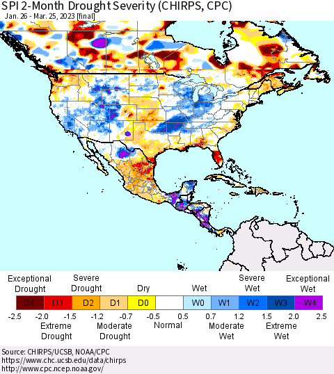 North America SPI 2-Month Drought Severity (CHIRPS) Thematic Map For 1/26/2023 - 3/25/2023