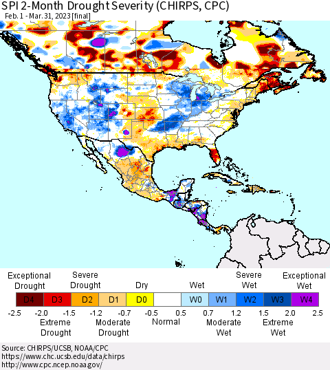 North America SPI 2-Month Drought Severity (CHIRPS) Thematic Map For 2/1/2023 - 3/31/2023
