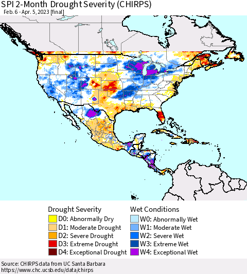 North America SPI 2-Month Drought Severity (CHIRPS) Thematic Map For 2/6/2023 - 4/5/2023