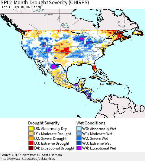 North America SPI 2-Month Drought Severity (CHIRPS) Thematic Map For 2/11/2023 - 4/10/2023