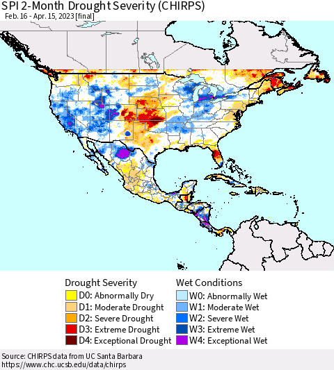 North America SPI 2-Month Drought Severity (CHIRPS) Thematic Map For 2/16/2023 - 4/15/2023