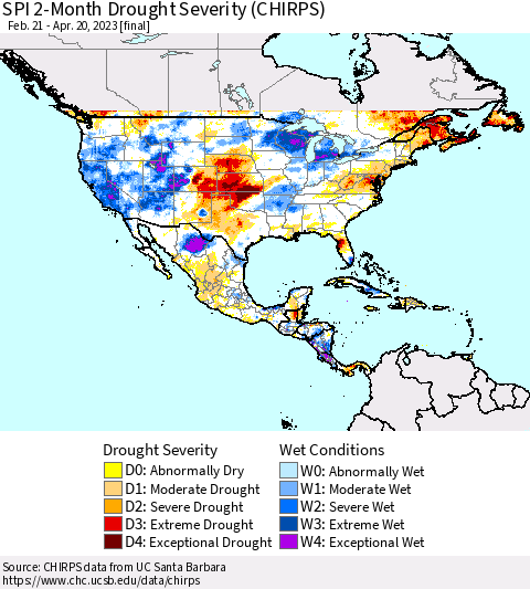 North America SPI 2-Month Drought Severity (CHIRPS) Thematic Map For 2/21/2023 - 4/20/2023