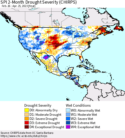 North America SPI 2-Month Drought Severity (CHIRPS) Thematic Map For 2/26/2023 - 4/25/2023