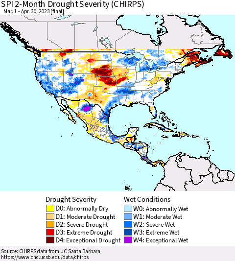 North America SPI 2-Month Drought Severity (CHIRPS) Thematic Map For 3/1/2023 - 4/30/2023