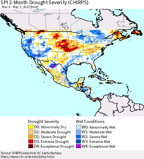 North America SPI 2-Month Drought Severity (CHIRPS) Thematic Map For 3/6/2023 - 5/5/2023