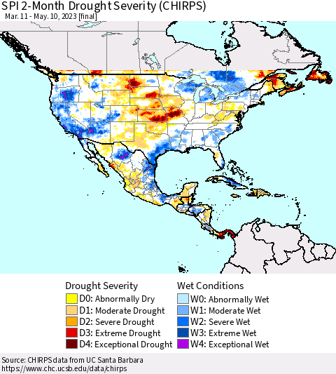 North America SPI 2-Month Drought Severity (CHIRPS) Thematic Map For 3/11/2023 - 5/10/2023