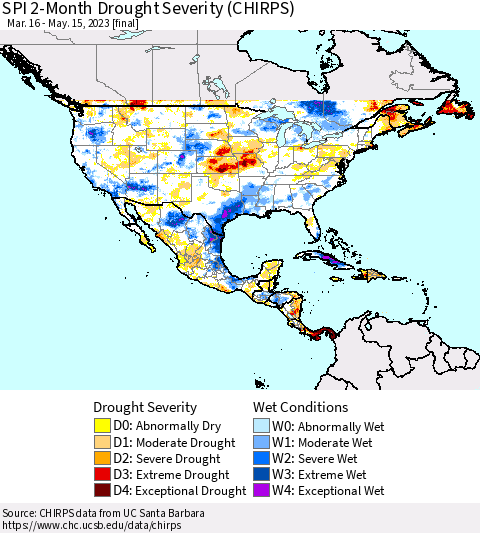 North America SPI 2-Month Drought Severity (CHIRPS) Thematic Map For 3/16/2023 - 5/15/2023
