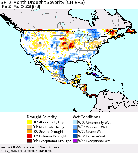 North America SPI 2-Month Drought Severity (CHIRPS) Thematic Map For 3/21/2023 - 5/20/2023