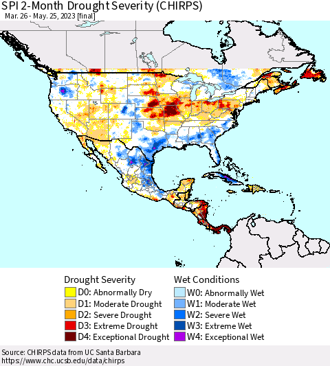 North America SPI 2-Month Drought Severity (CHIRPS) Thematic Map For 3/26/2023 - 5/25/2023