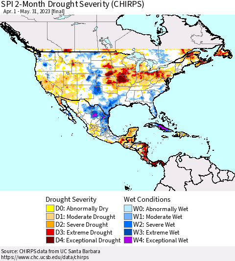 North America SPI 2-Month Drought Severity (CHIRPS) Thematic Map For 4/1/2023 - 5/31/2023