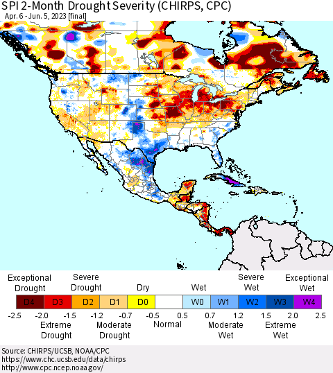 North America SPI 2-Month Drought Severity (CHIRPS) Thematic Map For 4/6/2023 - 6/5/2023