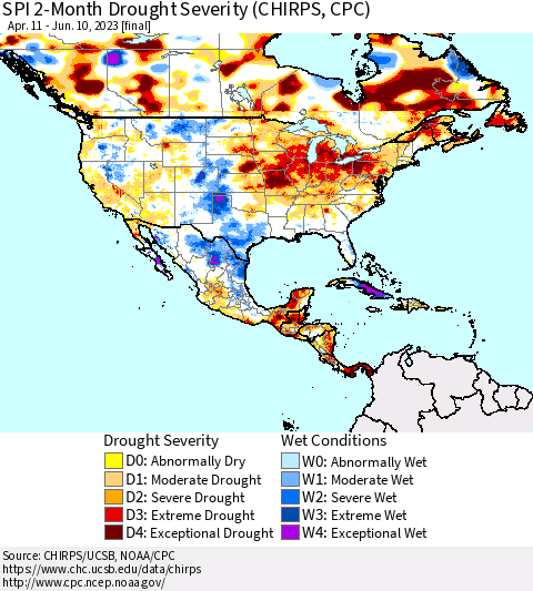 North America SPI 2-Month Drought Severity (CHIRPS) Thematic Map For 4/11/2023 - 6/10/2023