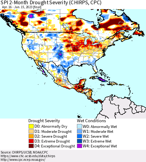 North America SPI 2-Month Drought Severity (CHIRPS) Thematic Map For 4/16/2023 - 6/15/2023