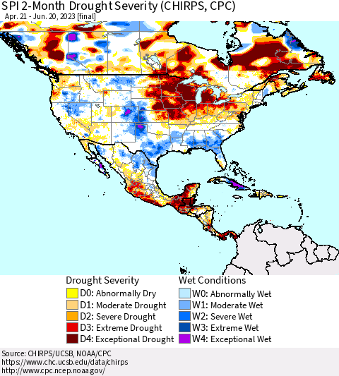 North America SPI 2-Month Drought Severity (CHIRPS) Thematic Map For 4/21/2023 - 6/20/2023