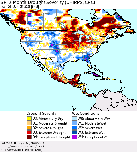 North America SPI 2-Month Drought Severity (CHIRPS) Thematic Map For 4/26/2023 - 6/25/2023