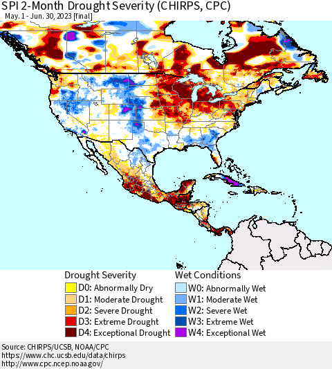 North America SPI 2-Month Drought Severity (CHIRPS) Thematic Map For 5/1/2023 - 6/30/2023