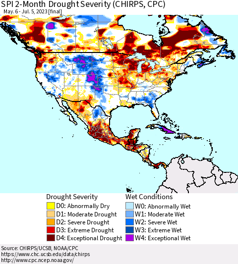 North America SPI 2-Month Drought Severity (CHIRPS) Thematic Map For 5/6/2023 - 7/5/2023
